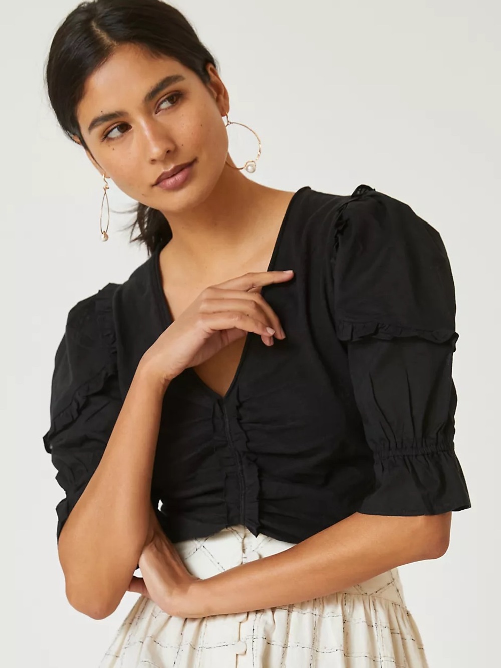 Anthropologie Ruched Ruffle Top in Black